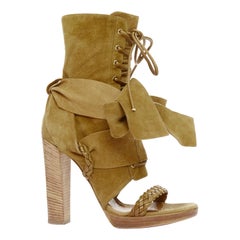 GIANVITO ROSSI tan suede leather braid strap ribbon tie block heels EU37