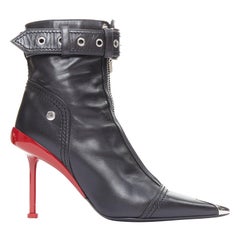 ALEXANDER MCQUEEN Slash black leather biker style red heeled boots EU39