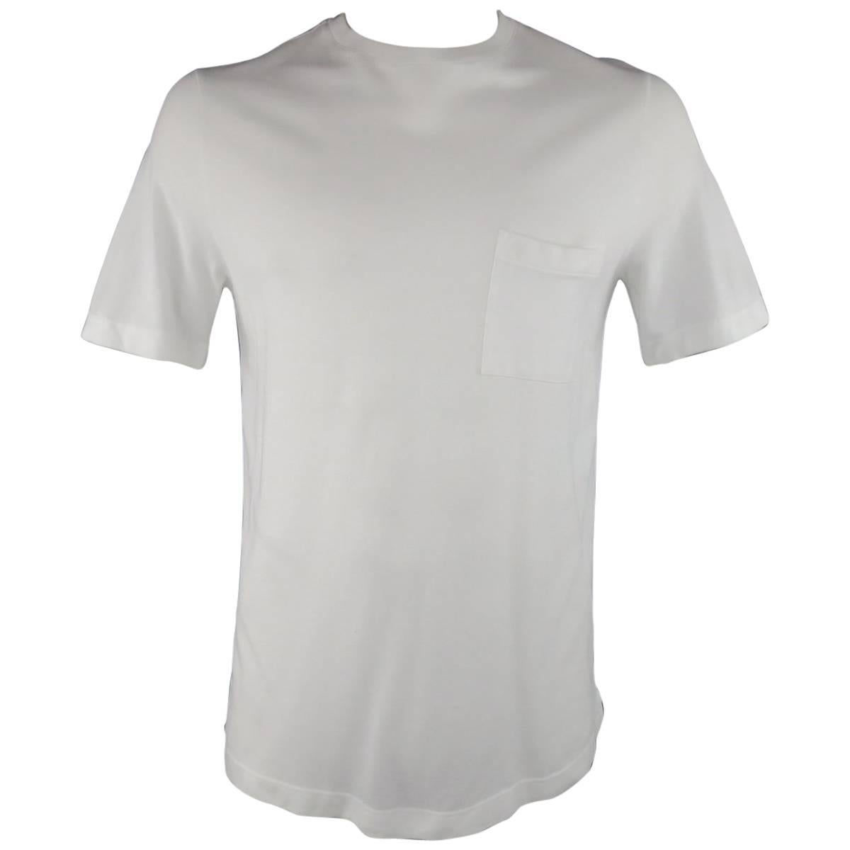 HERMES Size XL White Pique Ebroidered Emblem Ras du Cou Pocket T-shirt