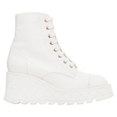 CHANEL 2024 white leather CC logo grid platform lace up wedge boots EU39
