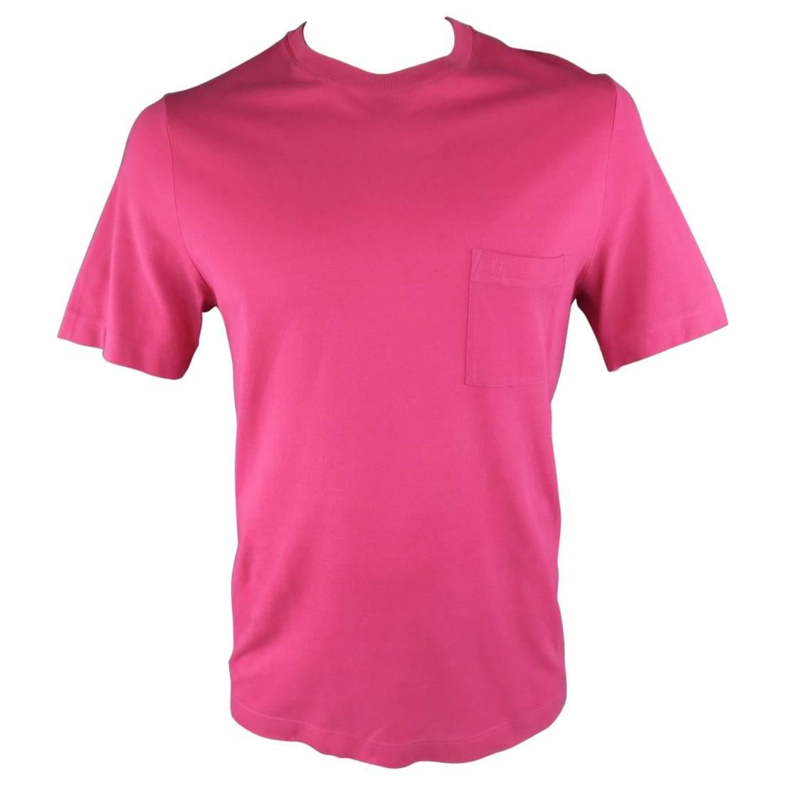 HERMES Size XL Pink Pique Ebroidered Emblem Ras du Cou Pocket T-shirt