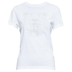 KENZO Jungle white cotton grey tiger felt print fitted crew tshirt S