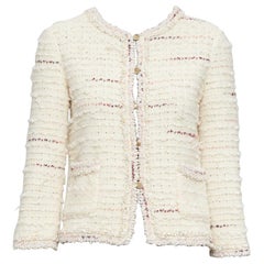CHANEL 05A cream pink wool boucle tweed gold CC buttons cardigan FR38 M