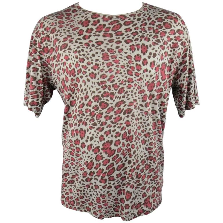 DRIES VAN NOTEN Size XL Red and Gray Leopard Cheetah Print Cotton T