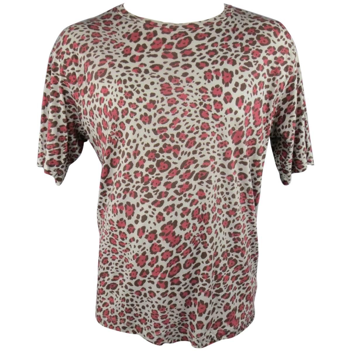 DRIES VAN NOTEN Size XL Red & Gray Leopard Cheetah Print Cotton T-shirt