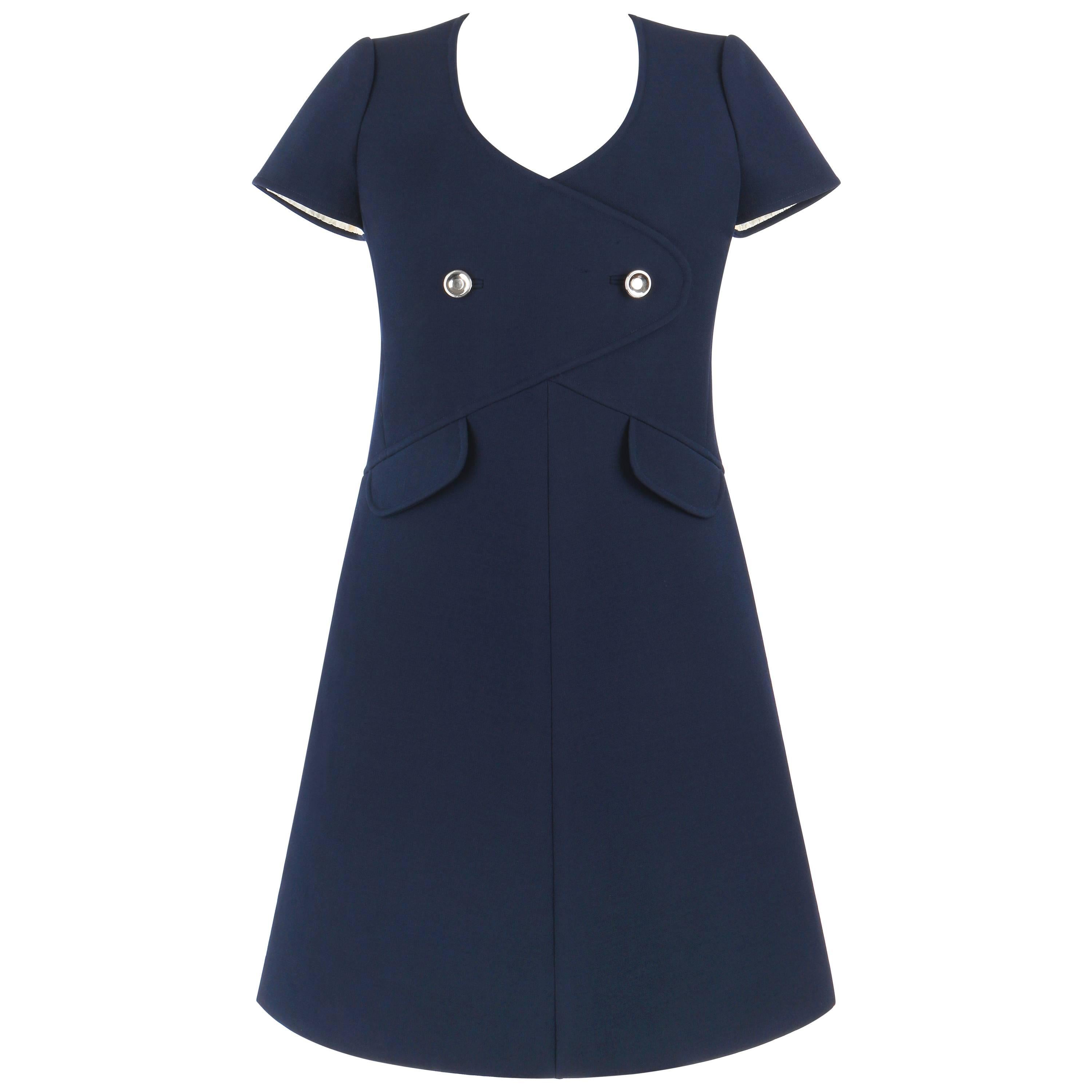 COURREGES Paris c.1960's Navy Blue Wool Mod A-Line Dress For Sale
