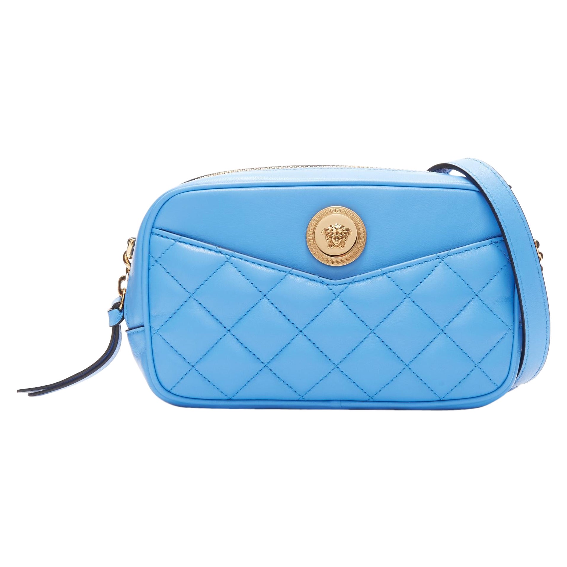 VERSACE blue lambskin leather quilted gold Medusa chain crossbody bag Small