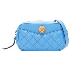 VERSACE blue lambskin leather quilted gold Medusa chain crossbody bag Small