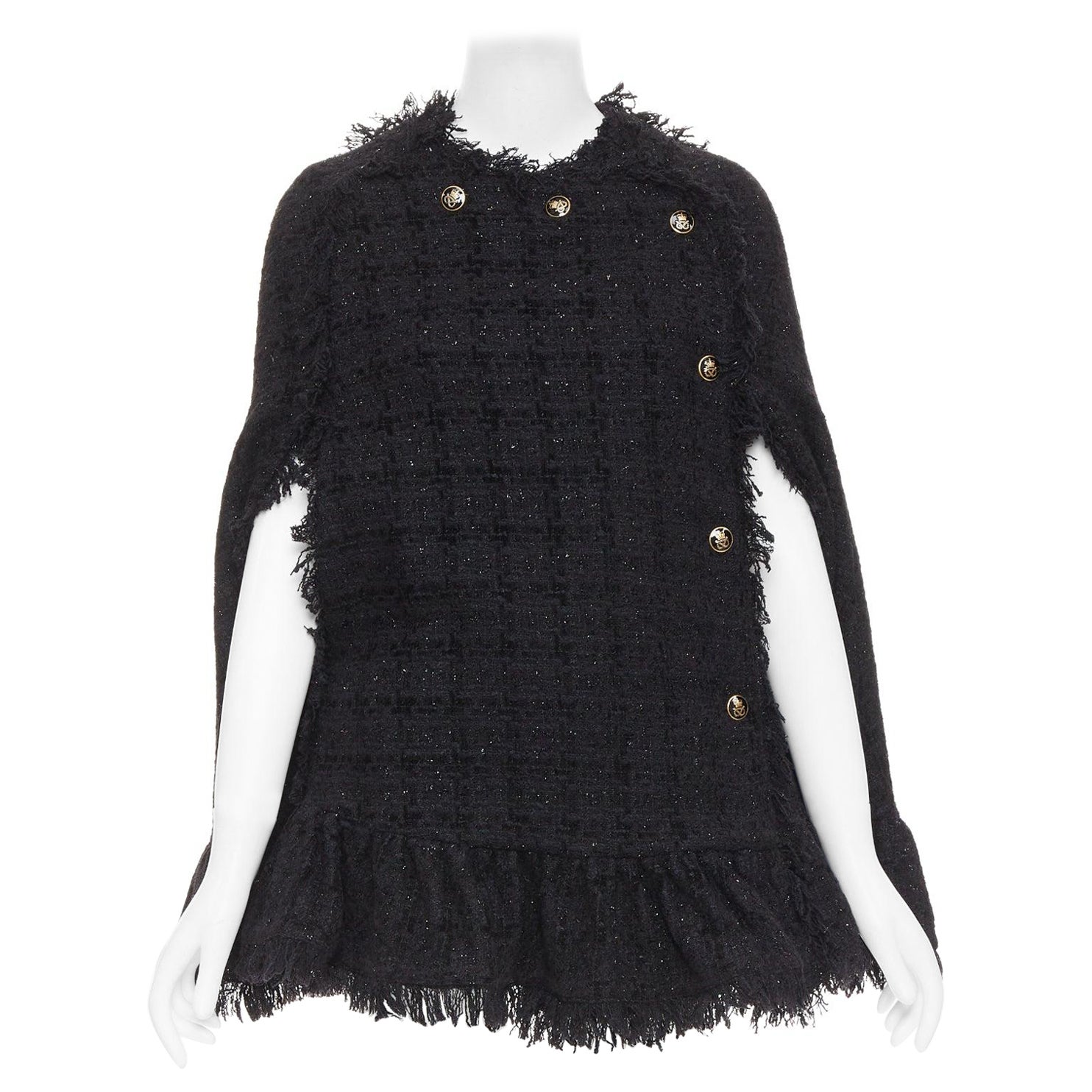 MSGM cappotto a mantella in tweed nero con bottoni varsity dorati e frange IT38 XS