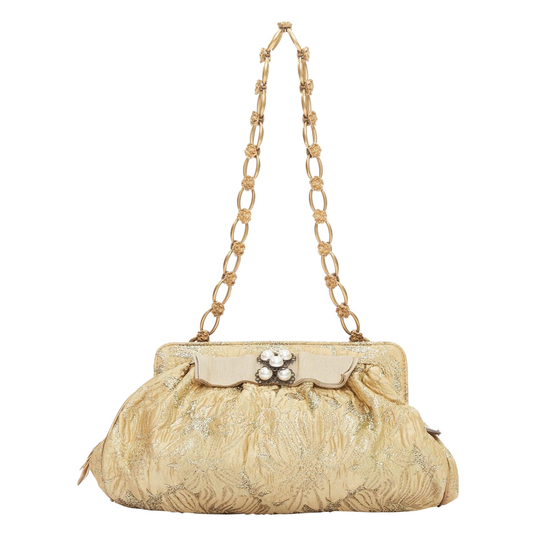 DOLCE GABBANA gold metallic floral jacquard rosette chain shoulder bag en venta