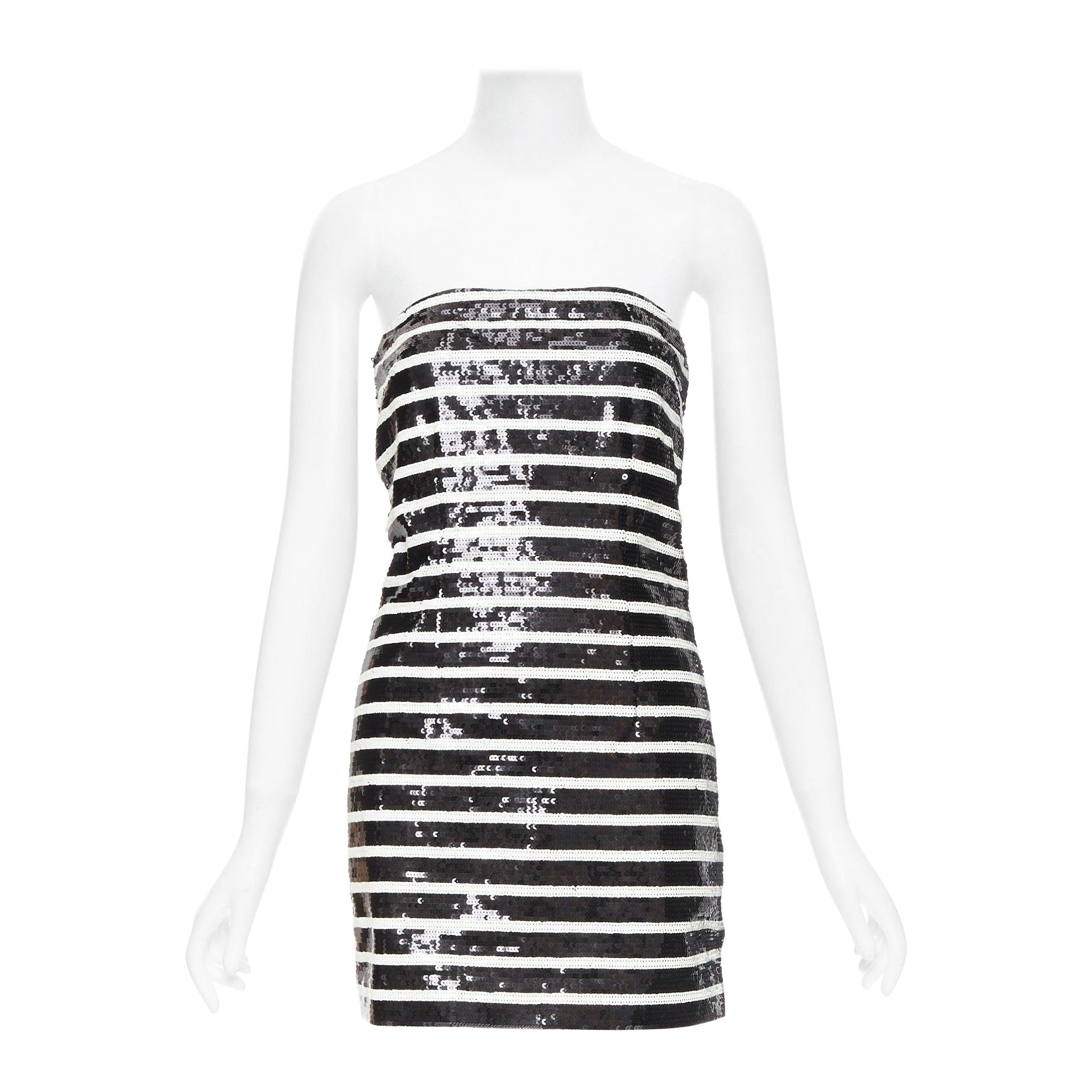 VERONICA BEARD Calas Robe corsetée sans bretelles à rayures noires et blanches et à paillettes US0 XS en vente