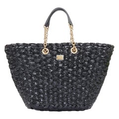 DOLCE GABBANA Vernice Vitello black lacquered raffia woven coffa large tote bag