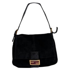 Fendi Mamma Baguette Black Suede Leather Red Buckle