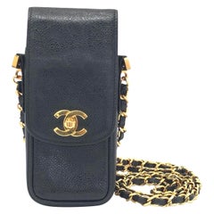 Vintage Chanel Black Caviar CC Phone Case Matelasse Chain Strap Crossbody Bag