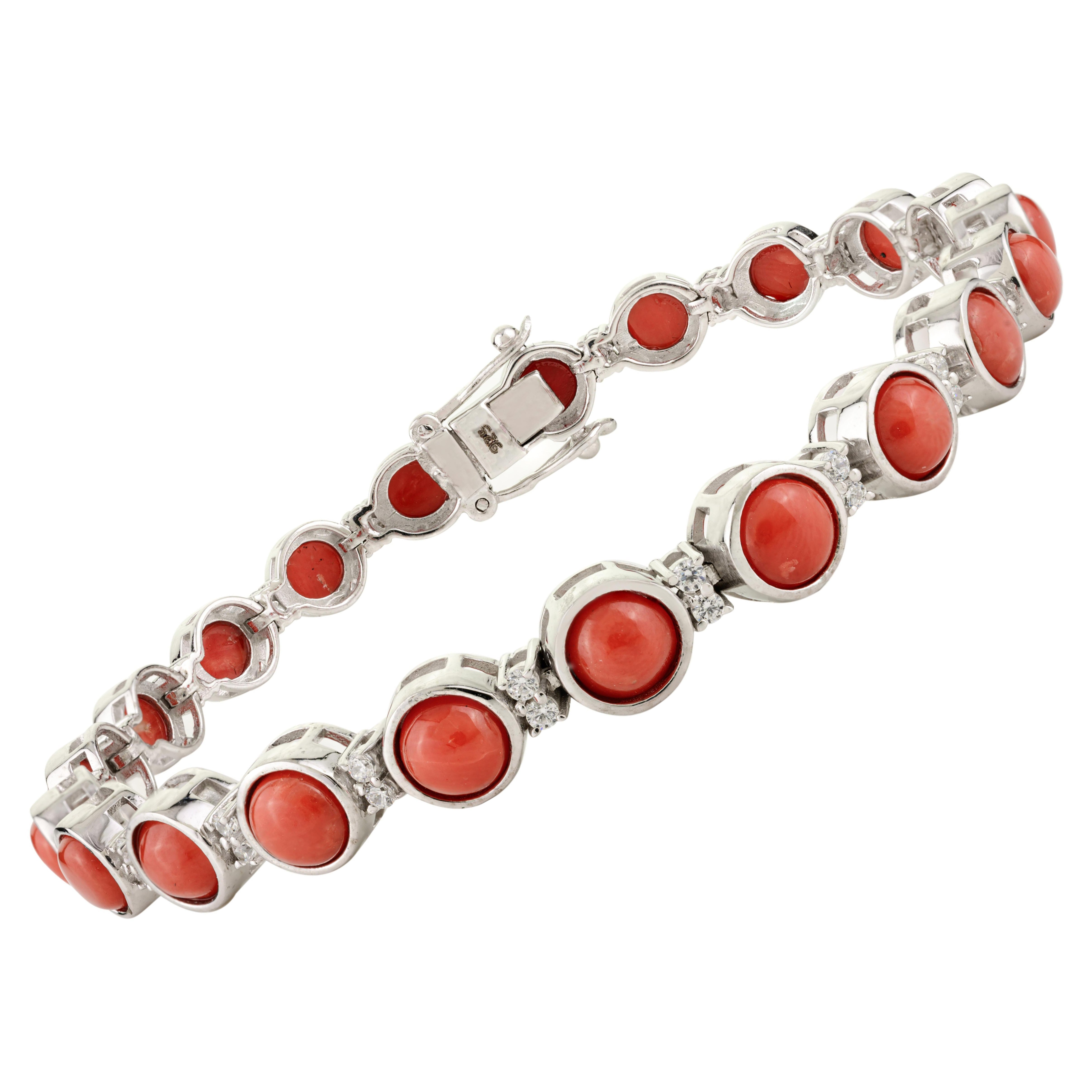 Pulsera de Tenis de Plata 925 con Cabujón de Coral Italiano Naranja y Piedra Redonda de Circón en venta