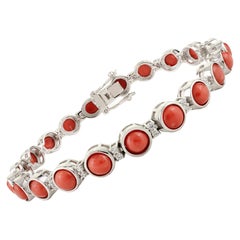 925 Silver Orange Italian Coral Cabochon Tennis Bracelet with Round Zircon Stone