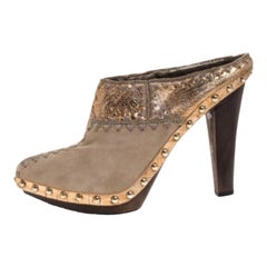Sergio Rossi Beige Suede Stud Trim Wooden Platform Pointed Toe Mules Size 37.5