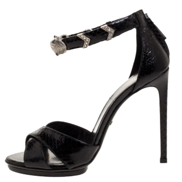 Roberto Cavalli Black Python Crystal Embellished Panther Sandals Size 39 For Sale