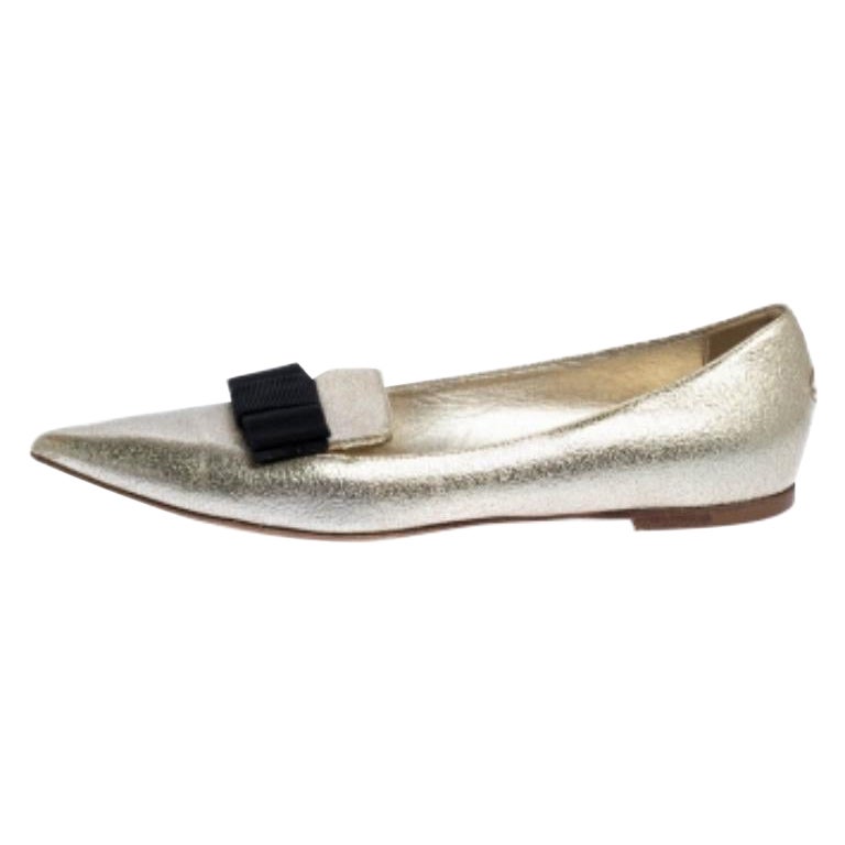 Jimmy Choo Metallic Gold Textured Leather Gala Bow Ballet Flats Size 37.5 For Sale
