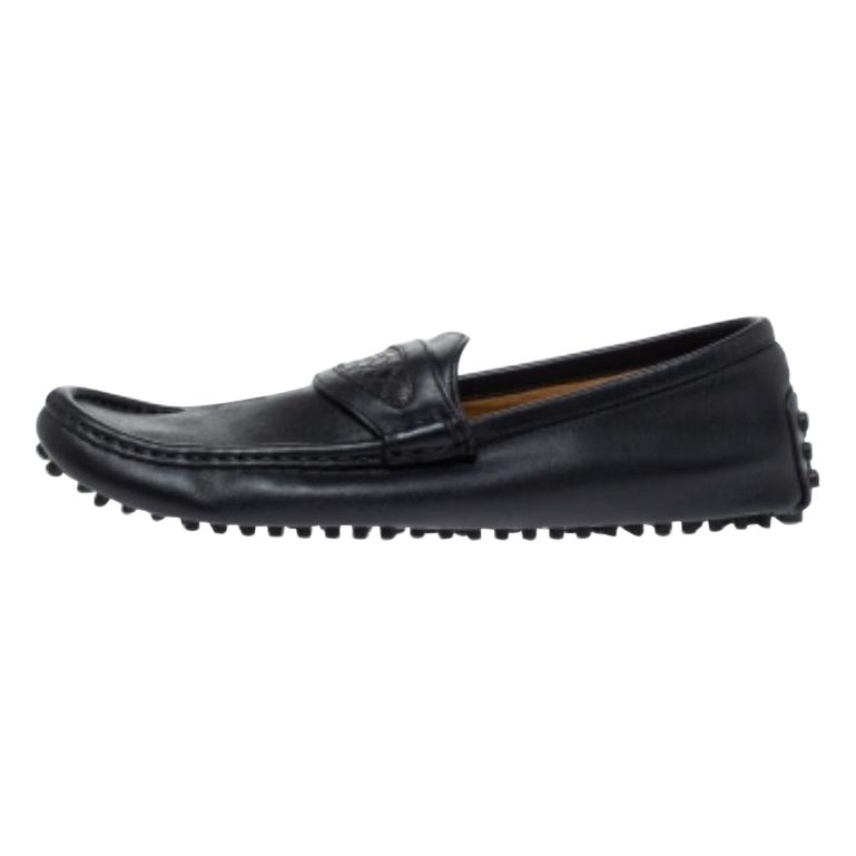 Gucci Dark Blue Leather Slip On Loafers Size 42.5 For Sale