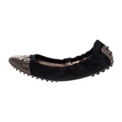 Tod's Black/Grey Leather and Suede Buckle Detail Scrunch Ballet Flats Size 36