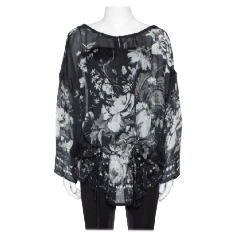 Roberto Cavalli Black Floral Print Silk Sheer Kaftan Blouse S For Sale