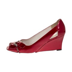 Stuart Weitzman Red Patent Leather Buckle Detail Open Toe Wedge Pumps Size 40