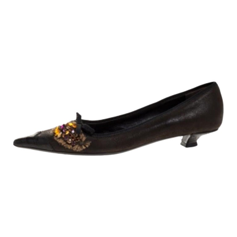 Prada Dark Brown Leather Crystal Embellished Vintage Pointed Pumps Size 36.5 For Sale