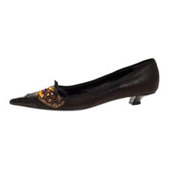 Prada Dark Brown Leather Crystal Embellished Vintage Pointed Pumps Size 36.5