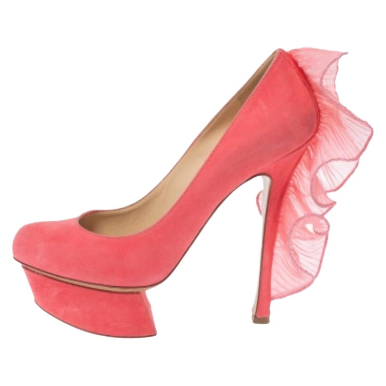 Nicholas Kirkwood Pink Suede Ruffle Trimmed Platform Pumps Size 36.5 For Sale