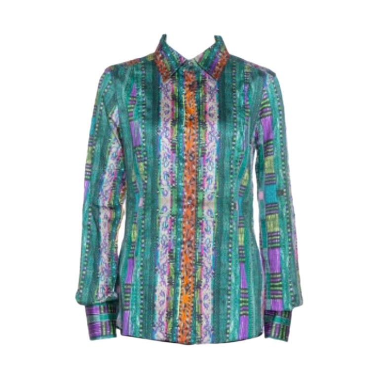 Etro Green Printed Stretch Cotton Long Sleeve Shirt L For Sale