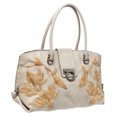 Used Salvatore Ferragamo Ivory Embroidered Leather Sofia Satchel