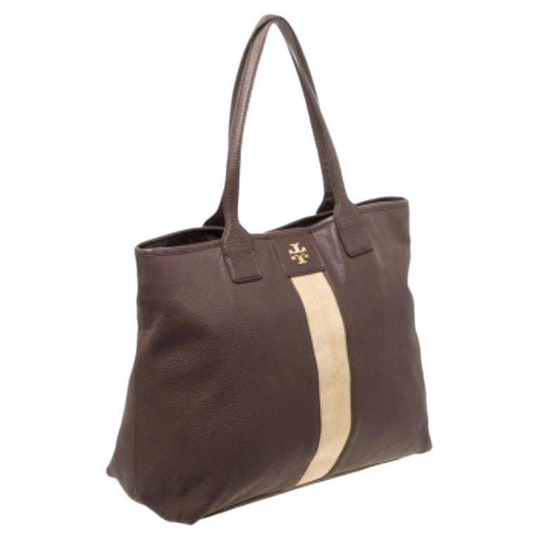 Tory Burch Brown/Beige Leather Shopper Tote For Sale