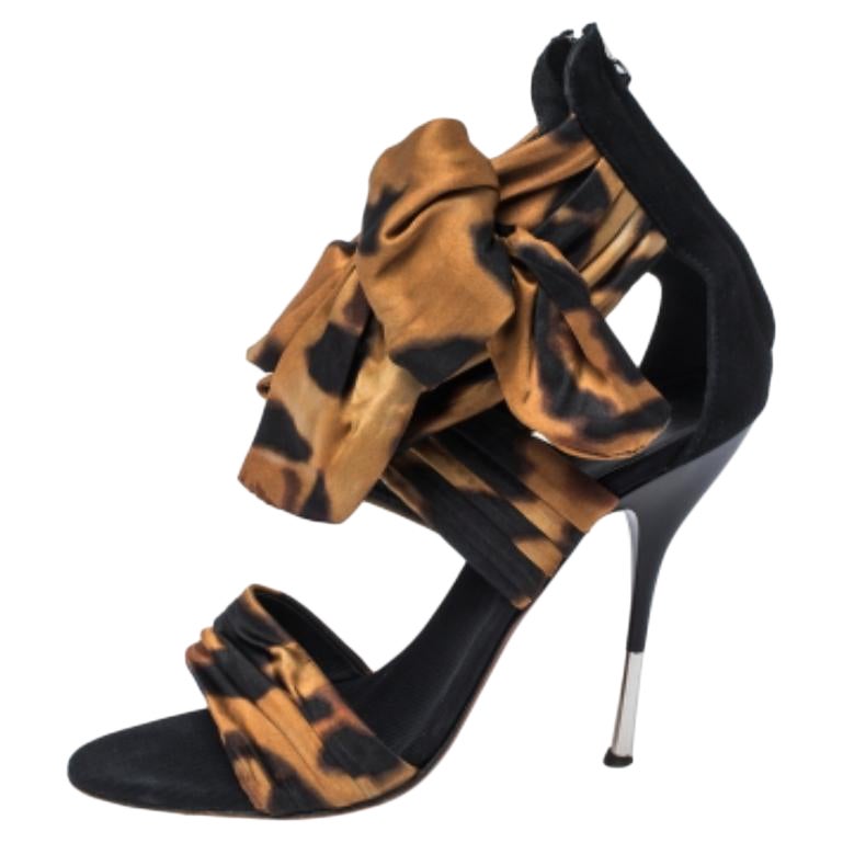 Giuseppe Zanotti Brown/Black Fabric And Leather Bow Ankle Cuff Sandals Size 38 For Sale