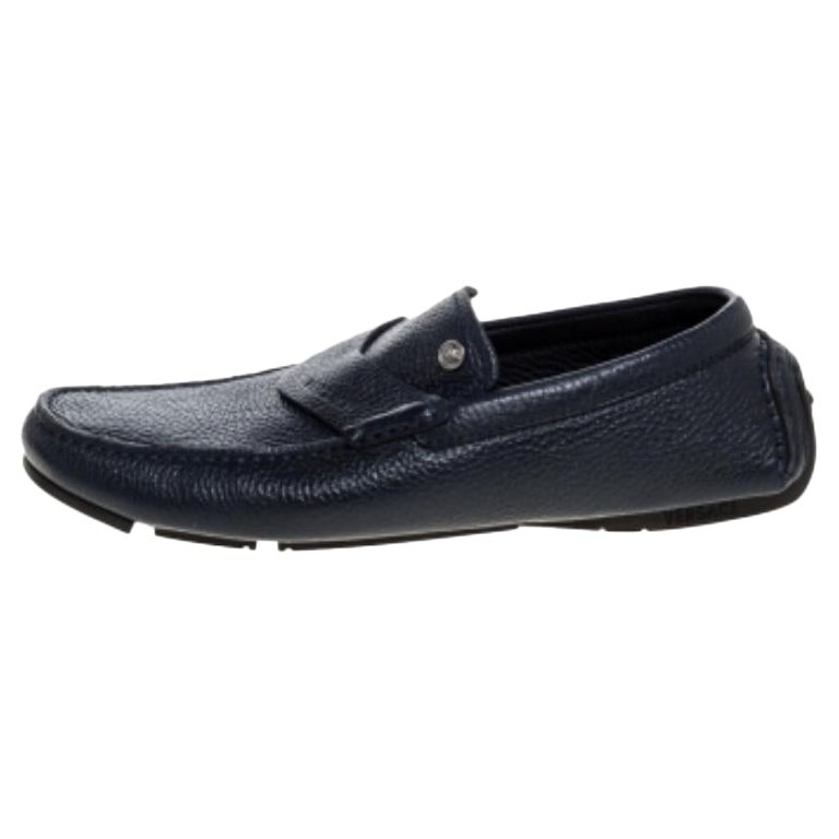 Versace Navy Blue Leather Slip On Loafers Size 40 For Sale