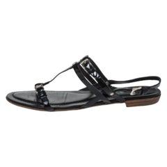 Tod's Black Patent Leather Strappy Buckle Detail Flat Sandals Size 37.5