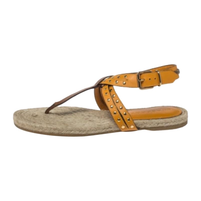 Burberry Brown/Mustard Yellow Leather Studded Thong Ankle Strap Flats Size 39.5 For Sale