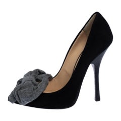 Giuseppe Zanotti Black/Grey Suede and Fabric Bow Pointed Toe Pumps Size 36
