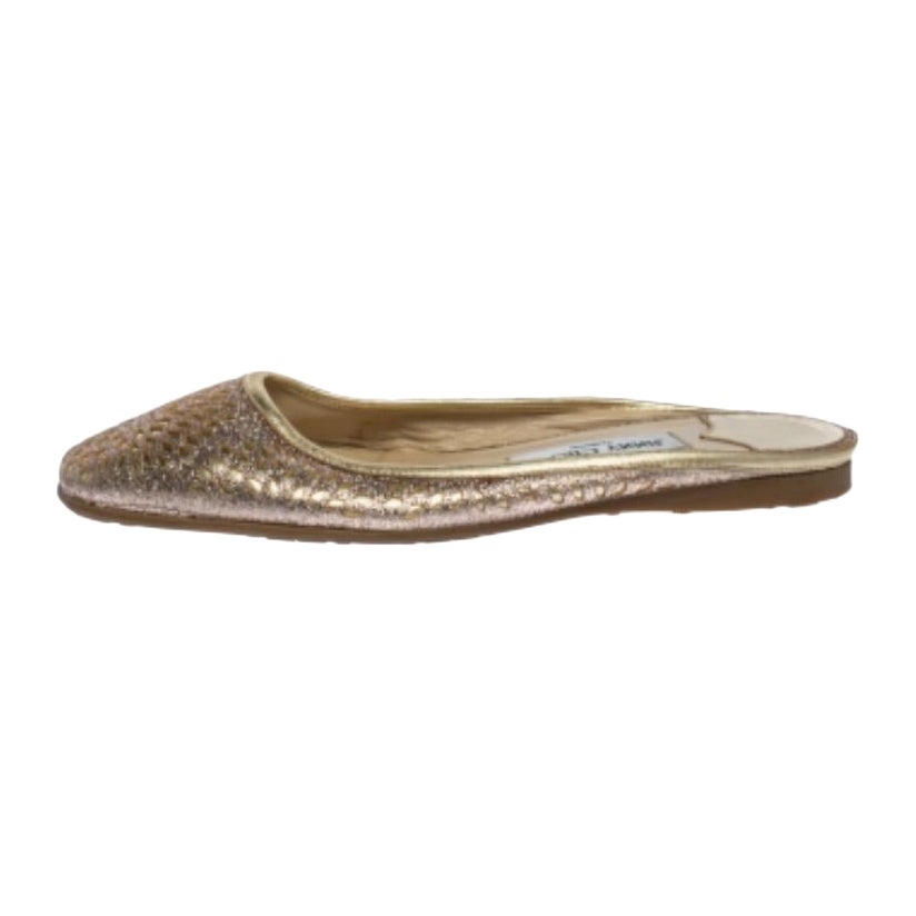 Jimmy Choo Shimmery Gold Laser Cut Leather Flat Mules Size 38.5 For Sale