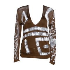Yves Saint Laurent Army Green Painted Silk Knit V-Neck Top S