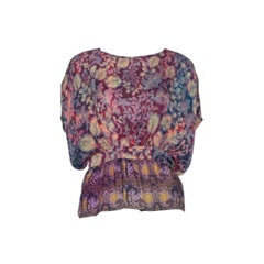 Etro Purple Leaf Print Silk Chiffon Peplum Blouse S
