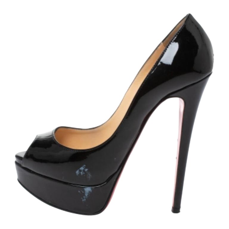Christian Louboutin Black Patent Leather Lady Peep Toe Platform Pumps Size 35 For Sale