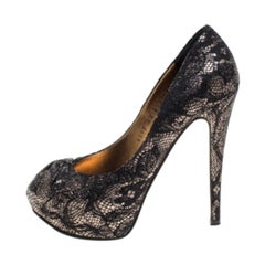 Gina Black/Silver Brocade Fabric Pleated High Heel Platform Pumps Size 36.5
