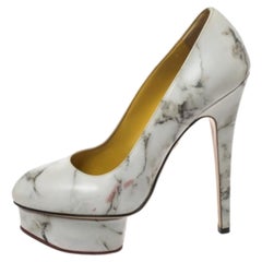 Charlotte Olympia White/Grey Marble-Print Leather Dolly Platform Pumps Size 37
