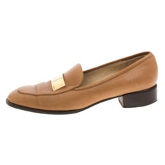 Gucci Brown Leather Gold-Tone Logo Plate Block Heel Loafer Pumps Size 37.5