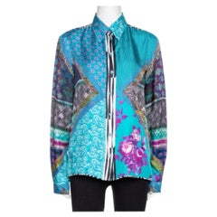 Etro Teal Blue Floral Print Silk Long Sleeve Shirt M