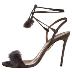 Aquazzura Grey Mink Fur and Suede Wild Russian Ankle Wrap Sandals Size 39