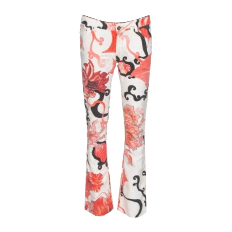 Just Cavalli Red Floral Print Cotton Flared Jeans M For Sale