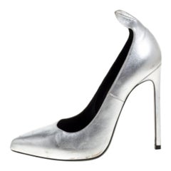 Saint Laurent Paris Silver Leather Thorn Pointed Toe Pumps Size 37