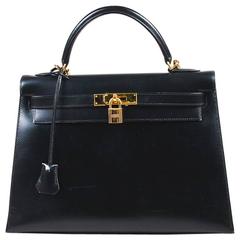 Hermes Black Box Calf Leather Gold Hardware "Kelly" 32 cm Bag 12